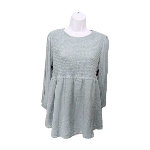 Isabel Ingrid Smocked Long Sleeve Top L Green Peasant Babydoll #swtr1 - Picture 1 of 6